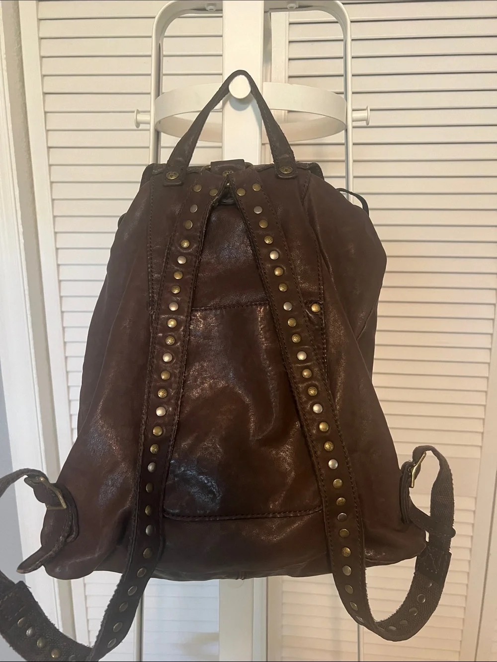 Patricia Nash Dark Brown Leather Backpack with Brass Studs